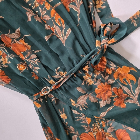 Alexa B Nites chiffon green orange floral flutter sleeve maxi dress 12P - Picture 7 of 12